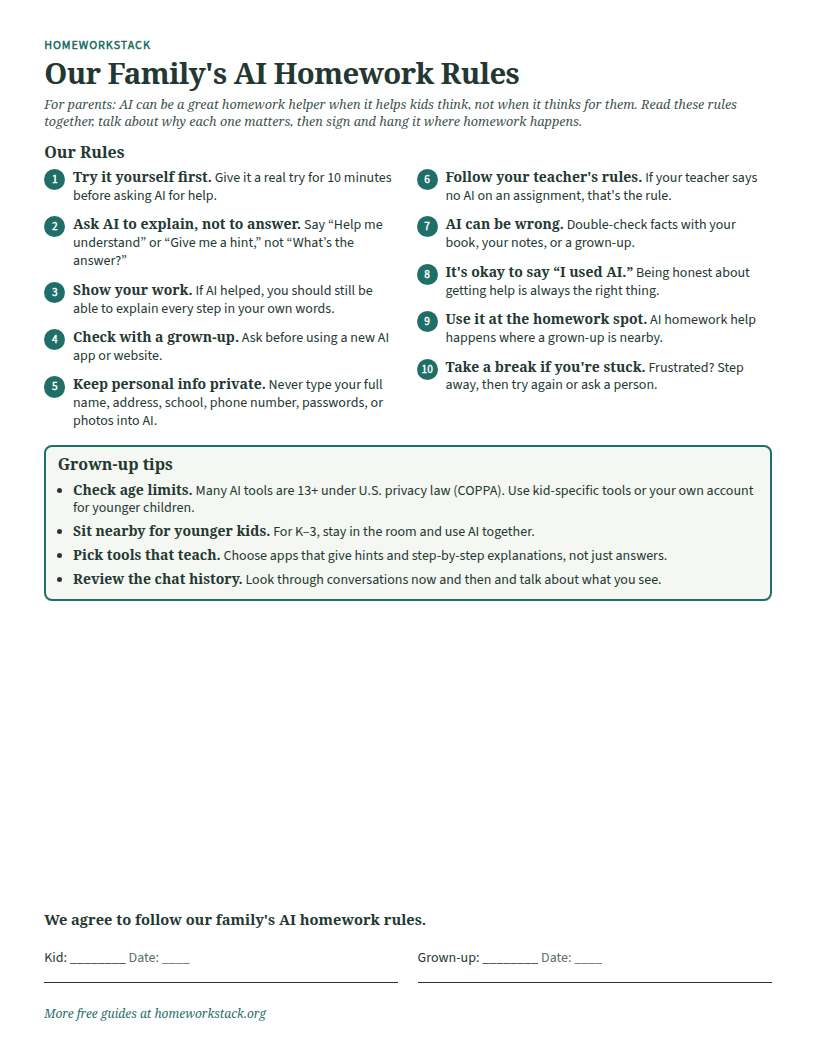 Preview of the one-page family AI homework rules sheet